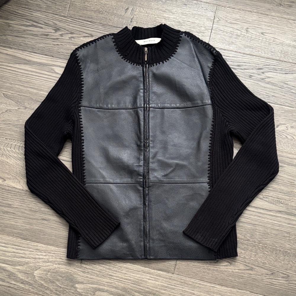 Melrose | Black Genuine Leather Front Zip Knit-Sleeve Jacket Full Moto Medium